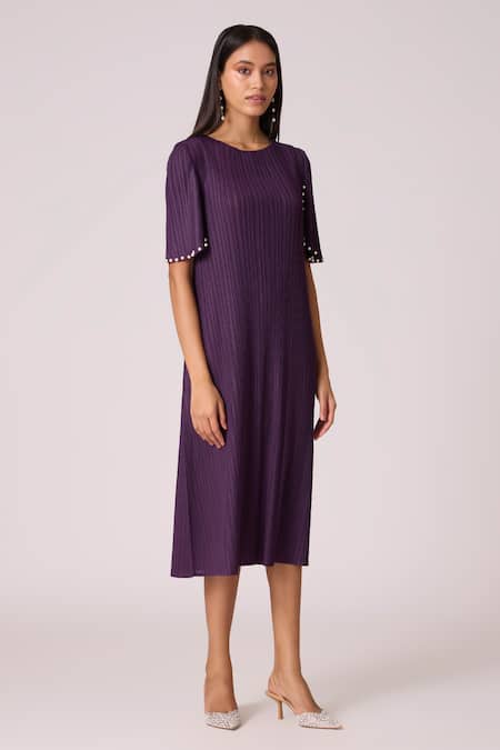 Shop_Scarlet Sage_Purple Polyester Pearls Round Neck Fernanda Dress _Online_at_Aza_Fashions