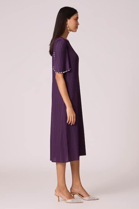 Scarlet Sage_Purple Polyester Pearls Round Neck Fernanda Dress _at_Aza_Fashions