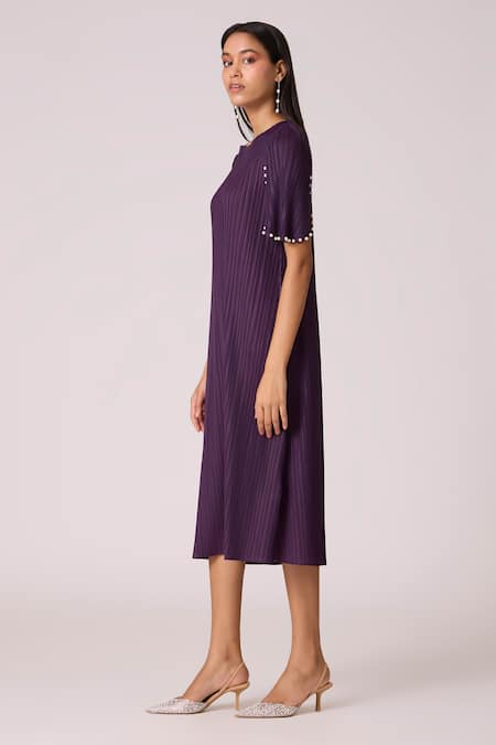 Buy_Scarlet Sage_Purple Polyester Pearls Round Neck Fernanda Dress 