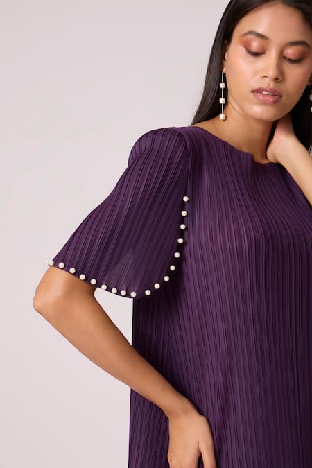 Shop_Scarlet Sage_Purple Polyester Pearls Round Neck Fernanda Dress 