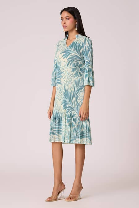 Buy_Scarlet Sage_Green Polyester V-neck Print Dress _Online_at_Aza_Fashions