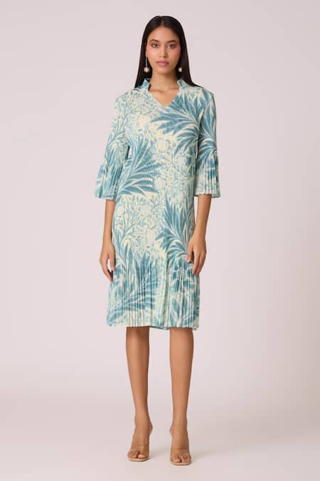 Shop_Scarlet Sage_Green Polyester V-neck Print Dress _Online_at_Aza_Fashions