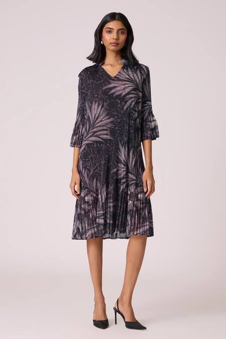 Scarlet Sage_Black Polyester V-neck Reene Print Dress _Online_at_Aza_Fashions
