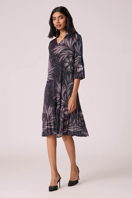 Buy_Scarlet Sage_Black Polyester V-neck Reene Print Dress _Online_at_Aza_Fashions
