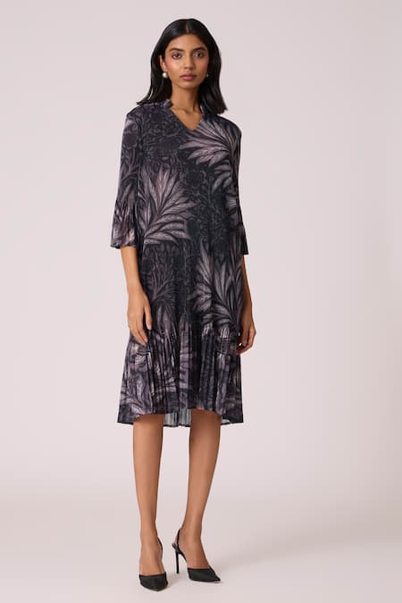 Shop_Scarlet Sage_Black Polyester V-neck Reene Print Dress _Online_at_Aza_Fashions