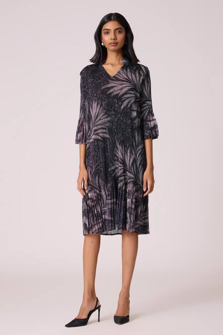 Scarlet Sage_Black Polyester V-neck Reene Print Dress _at_Aza_Fashions