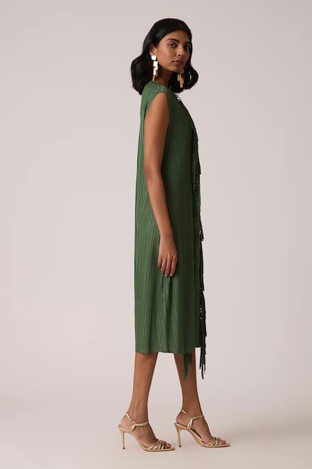 Scarlet Sage_Olive Green Polyester Fringe V-neck Tessa Tassel Dress _Online_at_Aza_Fashions