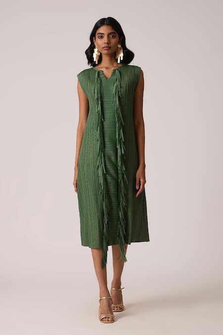 Buy_Scarlet Sage_Olive Green Polyester Fringe V-neck Tessa Tassel Dress _Online_at_Aza_Fashions