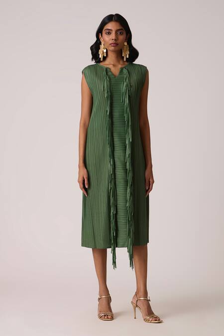 Shop_Scarlet Sage_Olive Green Polyester Fringe V-neck Tessa Tassel Dress _Online_at_Aza_Fashions