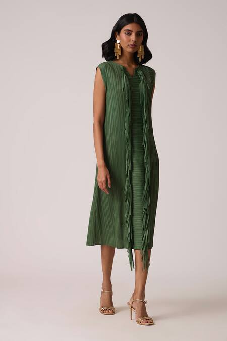 Scarlet Sage_Olive Green Polyester Fringe V-neck Tessa Tassel Dress _at_Aza_Fashions