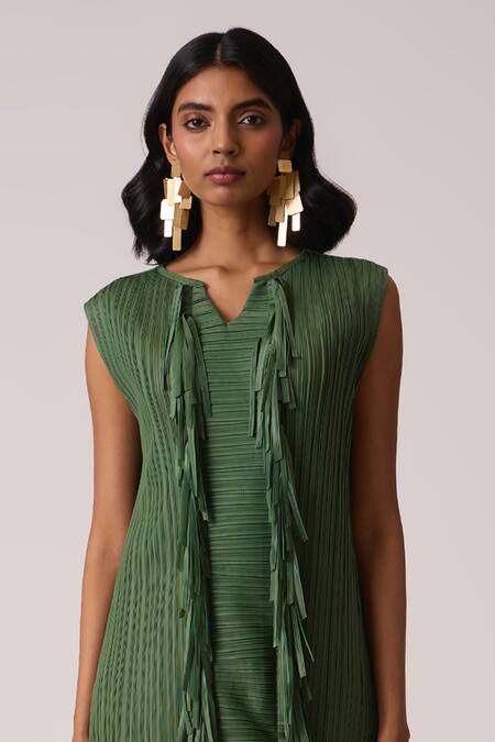 Buy_Scarlet Sage_Olive Green Polyester Fringe V-neck Tessa Tassel Dress 