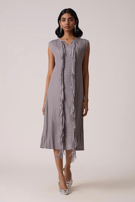 Scarlet Sage Gray Polyester Fringe V-neck Tessa Tassel Dress 
