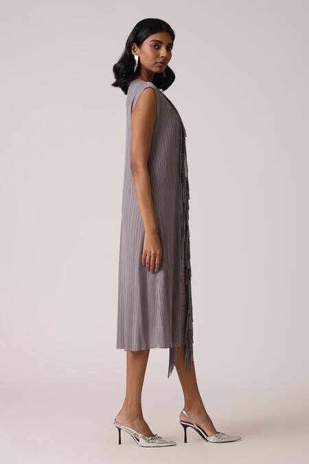 Scarlet Sage_Gray Polyester Fringe V-neck Tessa Tassel Dress _Online_at_Aza_Fashions