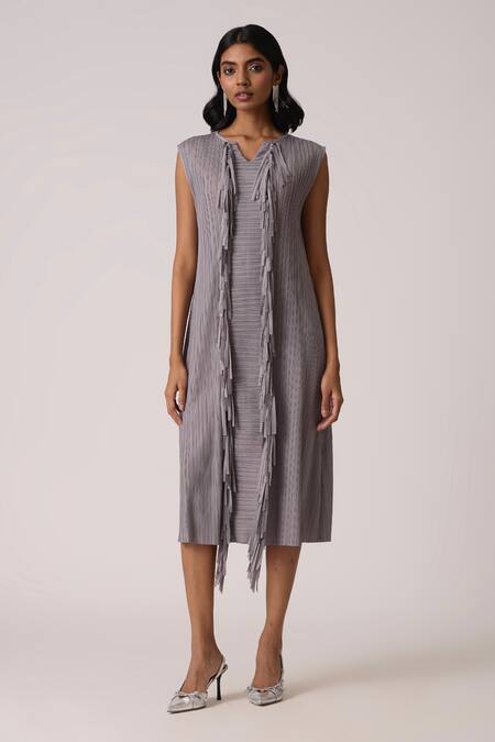 Buy_Scarlet Sage_Gray Polyester Fringe V-neck Tessa Tassel Dress _Online_at_Aza_Fashions