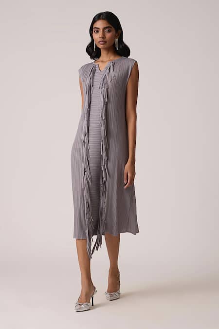 Shop_Scarlet Sage_Gray Polyester Fringe V-neck Tessa Tassel Dress _Online_at_Aza_Fashions