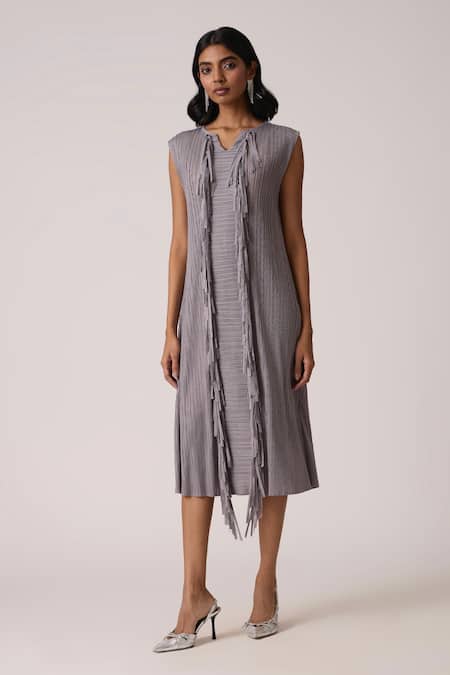 Scarlet Sage_Gray Polyester Fringe V-neck Tessa Tassel Dress _at_Aza_Fashions