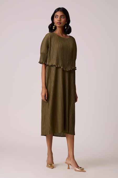 Buy_Scarlet Sage_Olive Green Polyester Round Neck Lisette Dress _Online_at_Aza_Fashions