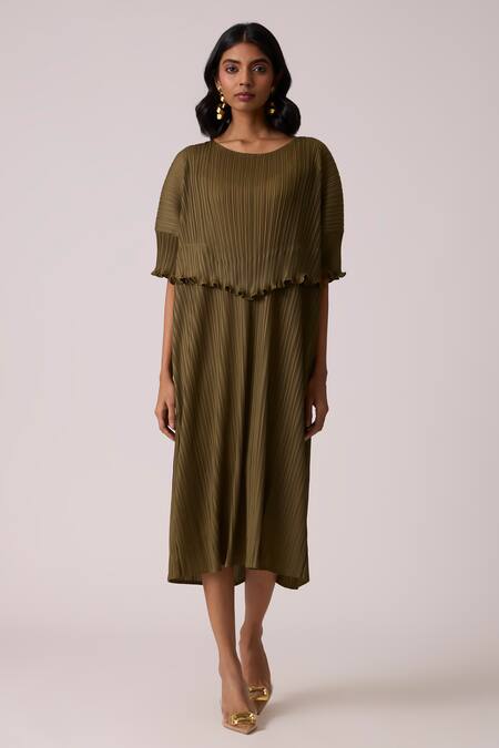 Shop_Scarlet Sage_Olive Green Polyester Round Neck Lisette Dress _Online_at_Aza_Fashions