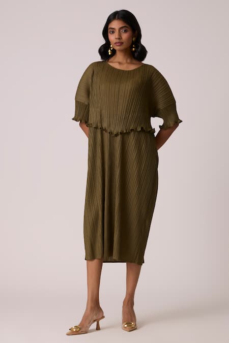 Scarlet Sage_Olive Green Polyester Round Neck Lisette Dress _at_Aza_Fashions