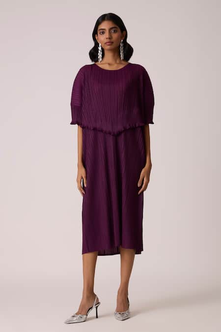 Scarlet Sage_Wine Polyester Round Neck Lisette Dress _Online_at_Aza_Fashions