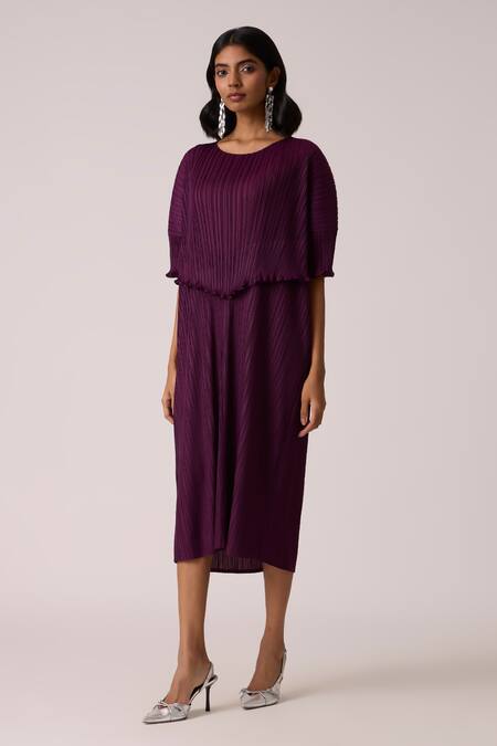 Buy_Scarlet Sage_Wine Polyester Round Neck Lisette Dress _Online_at_Aza_Fashions