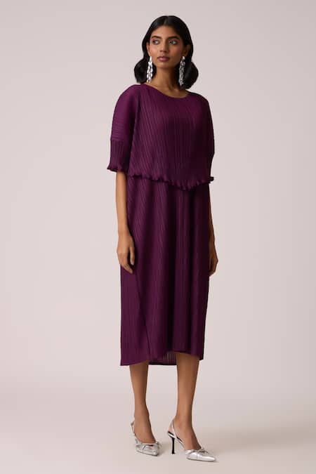 Scarlet Sage_Wine Polyester Round Neck Lisette Dress _at_Aza_Fashions
