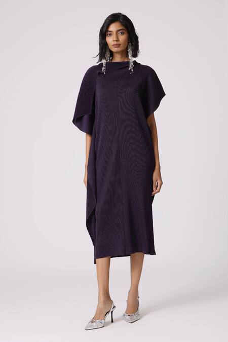 Buy_Scarlet Sage_Purple Polyester Collared Lorna Asymmetric Dress_Online_at_Aza_Fashions