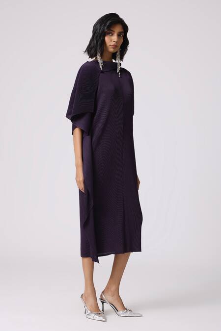 Shop_Scarlet Sage_Purple Polyester Collared Lorna Asymmetric Dress_Online_at_Aza_Fashions