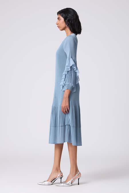 Scarlet Sage_Blue Polyester Fabric Flowers V-neck Sofia Layered Dress_Online_at_Aza_Fashions