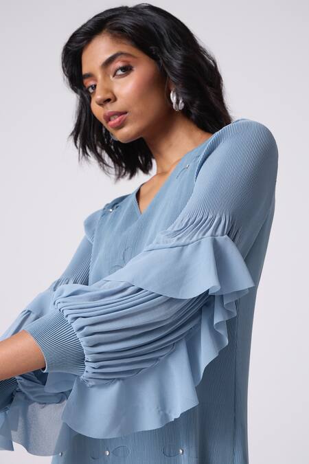 Buy_Scarlet Sage_Blue Polyester Fabric Flowers V-neck Sofia Layered Dress