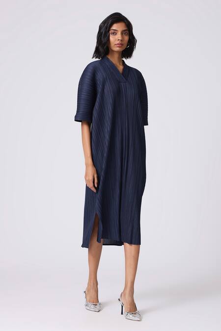 Scarlet Sage_Navy Polyester V-neck Anya Shift Dress _at_Aza_Fashions