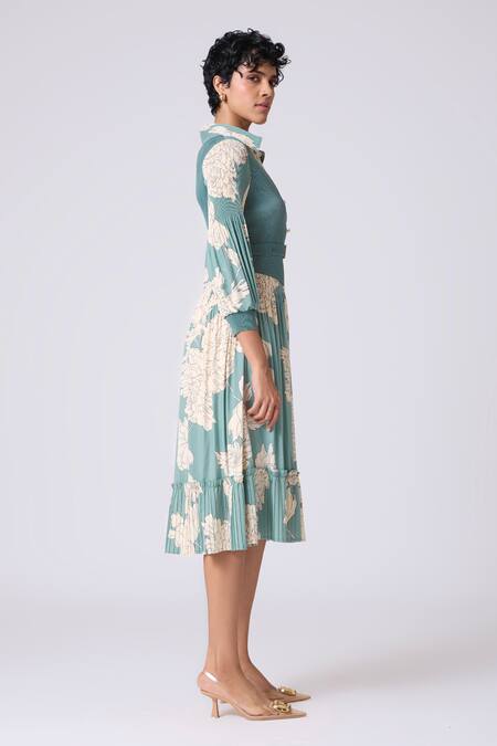 Scarlet Sage Teal Polyester Collared Thea Print Dress Online at Aza Fashions Scarlet Sage_Teal Polyester Collared Thea Print Dress_Online_at_Aza_Fashions