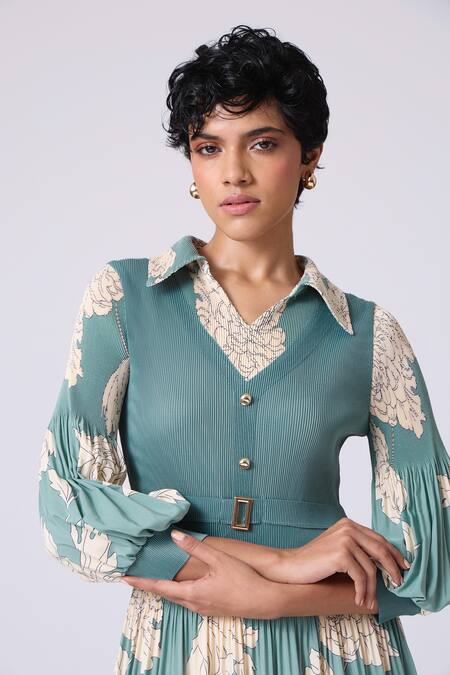 Buy Scarlet Sage Teal Polyester Collared Thea Print Dress Online at Aza Fashions Buy_Scarlet Sage_Teal Polyester Collared Thea Print Dress_Online_at_Aza_Fashions