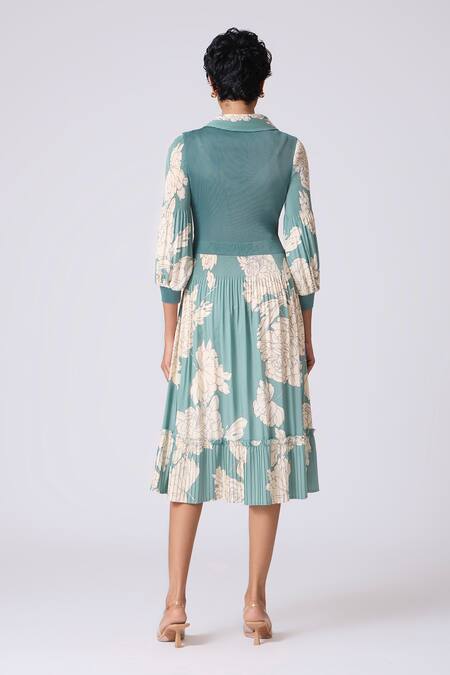 Shop Scarlet Sage Teal Polyester Collared Thea Print Dress at Aza Fashions Shop_Scarlet Sage_Teal Polyester Collared Thea Print Dress_at_Aza_Fashions