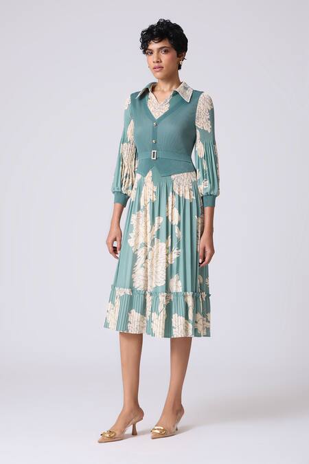 Shop Scarlet Sage Teal Polyester Collared Thea Print Dress Online at Aza Fashions Shop_Scarlet Sage_Teal Polyester Collared Thea Print Dress_Online_at_Aza_Fashions