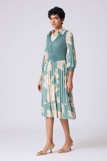 Scarlet Sage Teal Polyester Collared Thea Print Dress at Aza Fashions Scarlet Sage_Teal Polyester Collared Thea Print Dress_at_Aza_Fashions