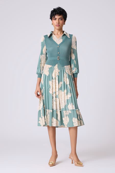 Scarlet Sage Teal Polyester Collared Thea Print Dress 