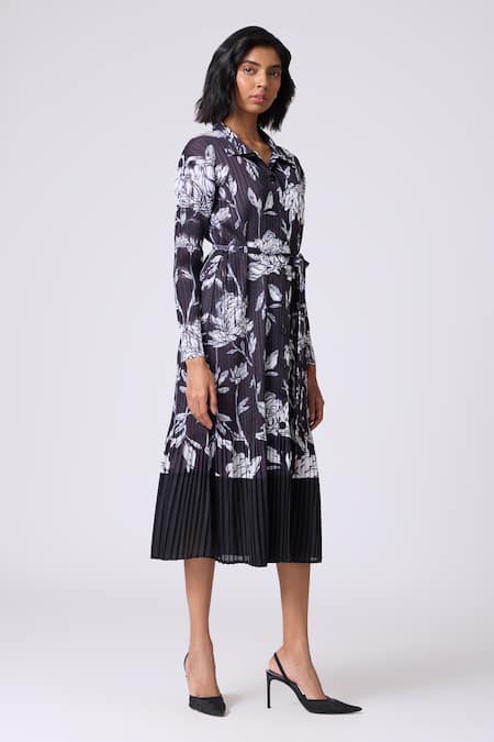Scarlet Sage_Black Polyester Collared Wynona Floral Shirt Dress _Online_at_Aza_Fashions