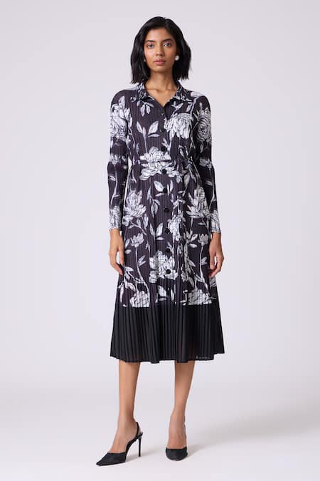 Scarlet Sage Black Polyester Collared Wynona Floral Shirt Dress 