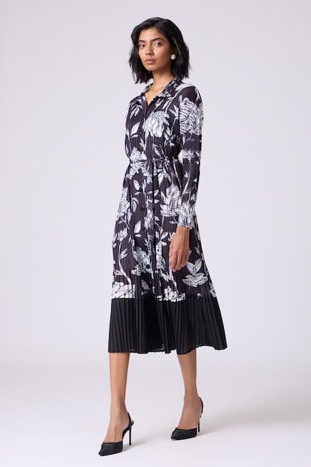 Buy_Scarlet Sage_Black Polyester Collared Wynona Floral Shirt Dress _Online_at_Aza_Fashions