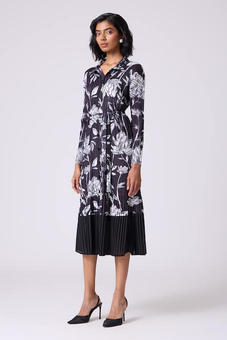 Shop_Scarlet Sage_Black Polyester Collared Wynona Floral Shirt Dress _Online_at_Aza_Fashions