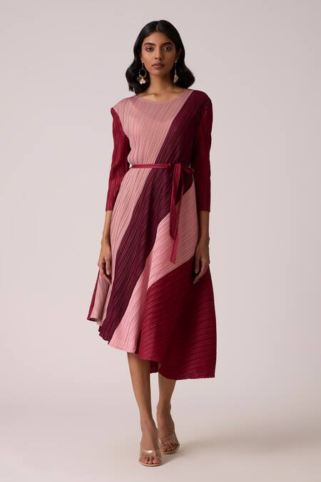 Buy Scarlet Sage Maroon Polyester Round Neck Evelyn Colourblock Dress With Belt Online at Aza Fashions Buy_Scarlet Sage_Maroon Polyester Round Neck Evelyn Colourblock Dress With Belt_Online_at_Aza_Fashions