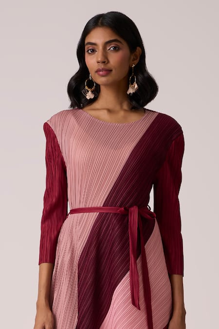 Shop Scarlet Sage Maroon Polyester Round Neck Evelyn Colourblock Dress With Belt Online at Aza Fashions Shop_Scarlet Sage_Maroon Polyester Round Neck Evelyn Colourblock Dress With Belt_Online_at_Aza_Fashions
