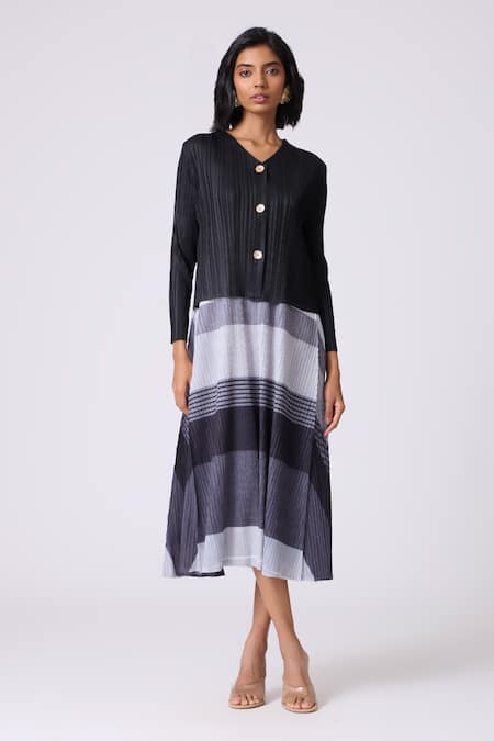 Scarlet Sage_Black Polyester Round Neck, Kasey Stripe Pattern Dress With Cardigan _Online_at_Aza_Fashions