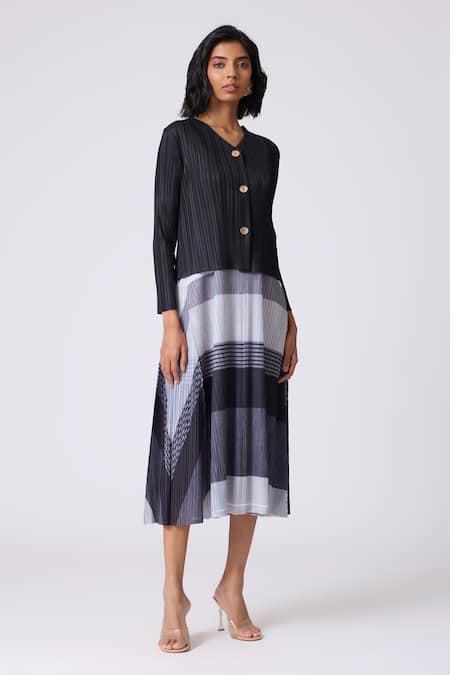 Buy_Scarlet Sage_Black Polyester Round Neck, Kasey Stripe Pattern Dress With Cardigan _Online_at_Aza_Fashions