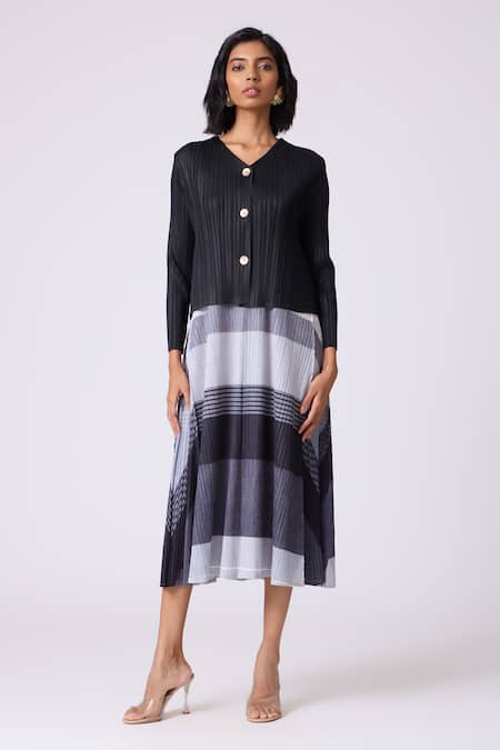 Scarlet Sage Black Polyester Round Neck, Kasey Stripe Pattern Dress With Cardigan 