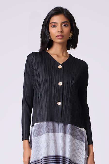 Shop_Scarlet Sage_Black Polyester Round Neck, Kasey Stripe Pattern Dress With Cardigan _Online_at_Aza_Fashions