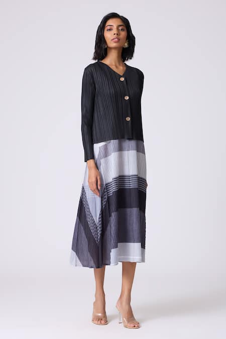 Scarlet Sage_Black Polyester Round Neck, Kasey Stripe Pattern Dress With Cardigan _at_Aza_Fashions