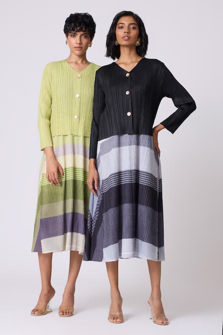 Shop_Scarlet Sage_Black Polyester Round Neck, Kasey Stripe Pattern Dress With Cardigan 