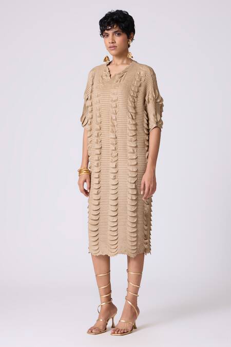 Buy_Scarlet Sage_Beige Polyester V-neck Jolene Textured Dress_Online_at_Aza_Fashions